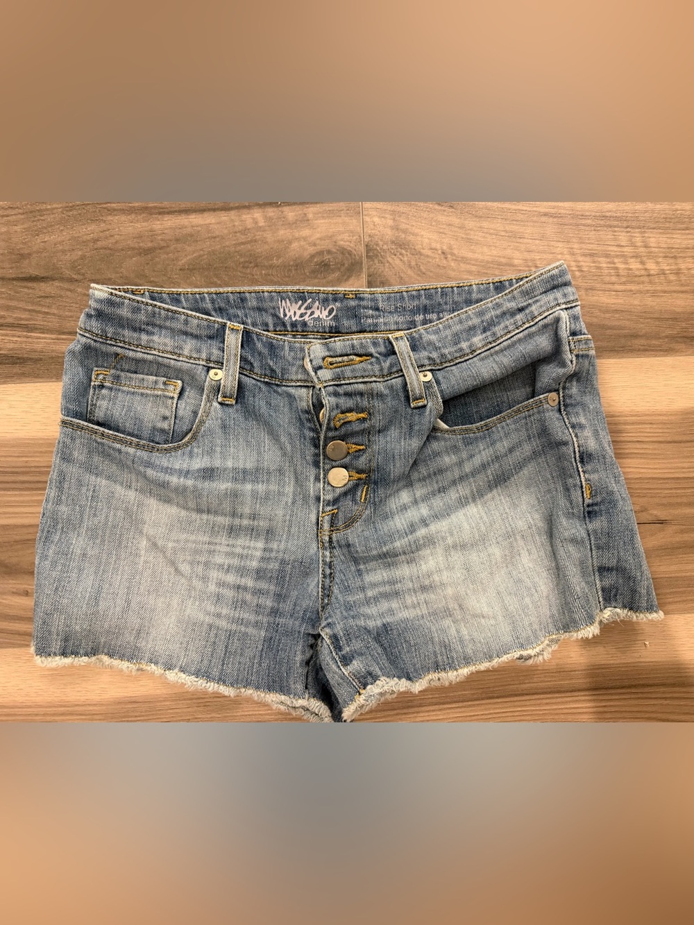 Light Blue Distressed Denim Button-Front Jean Shorts